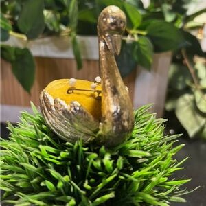 vintage gilded silver or brass swan-shaped trinket pin cushion or jewelry holder